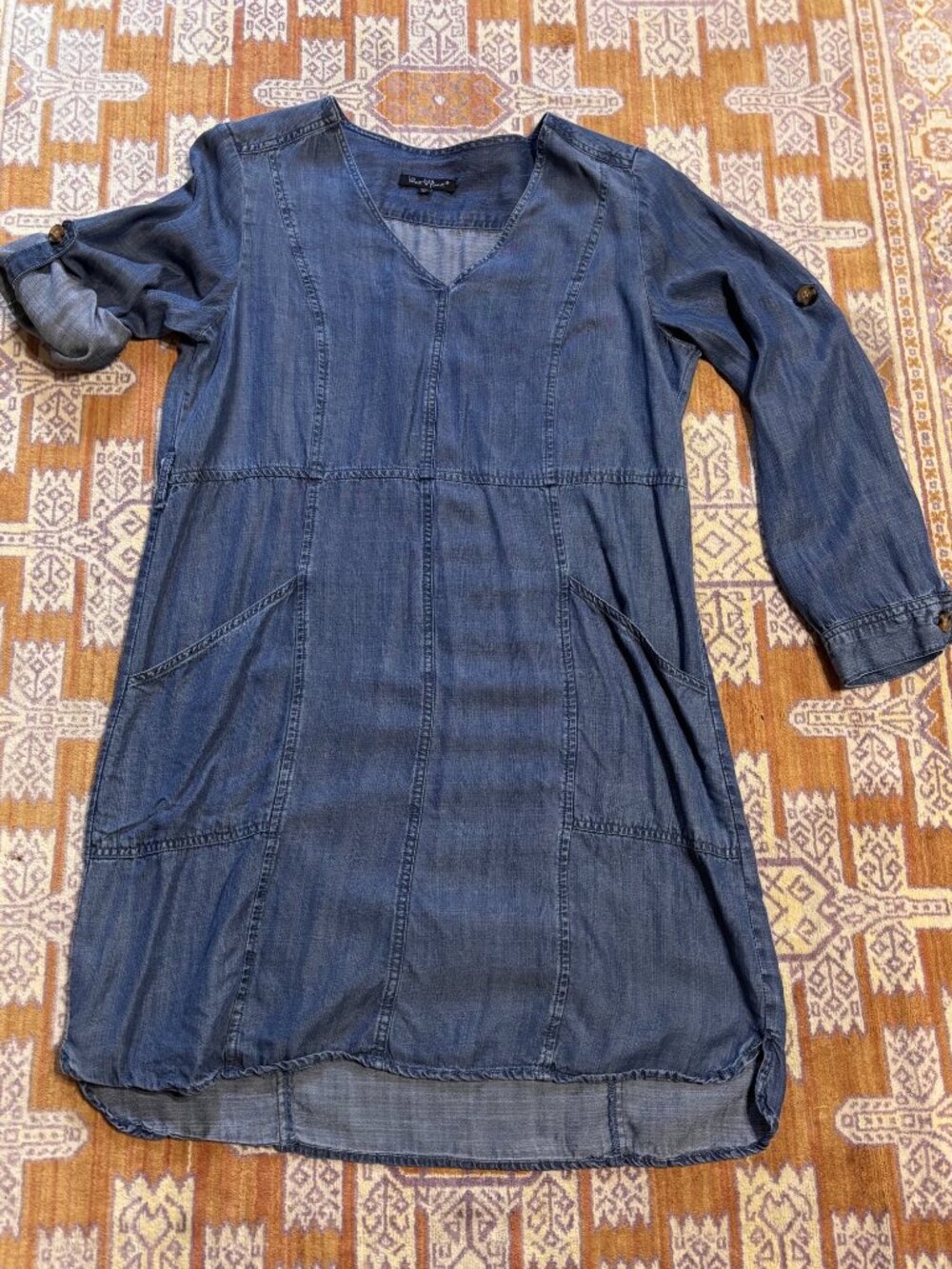 Denim Shirt Dress • Blue Chambray • Long Sleeve • Tie Waist • Pockets - Picture 2 of 6